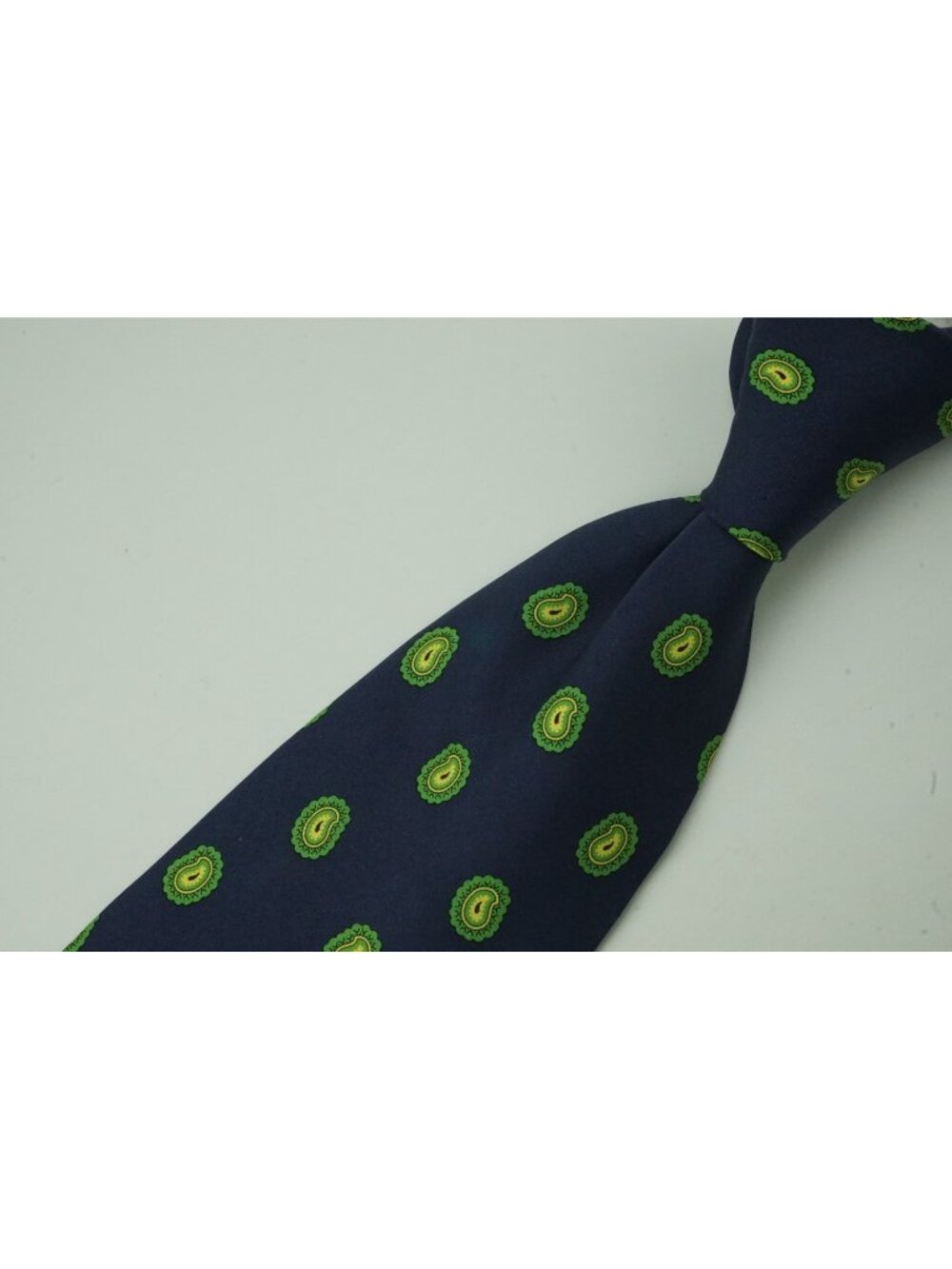 Mariano Rubinacci Navy Blue Lime Green Paisley Silk Tie BRAND NEW